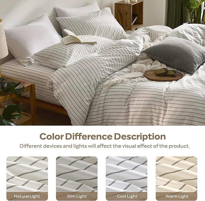 JELLYMONI Striped Duvet Cover Set - Full Size 100% Cotton - 3PCS White & Grey Vertical Stripes Bedding - Hidden Zipper Closure & 8 Corner Ties - Breathable Comforter Cover for Bedroom