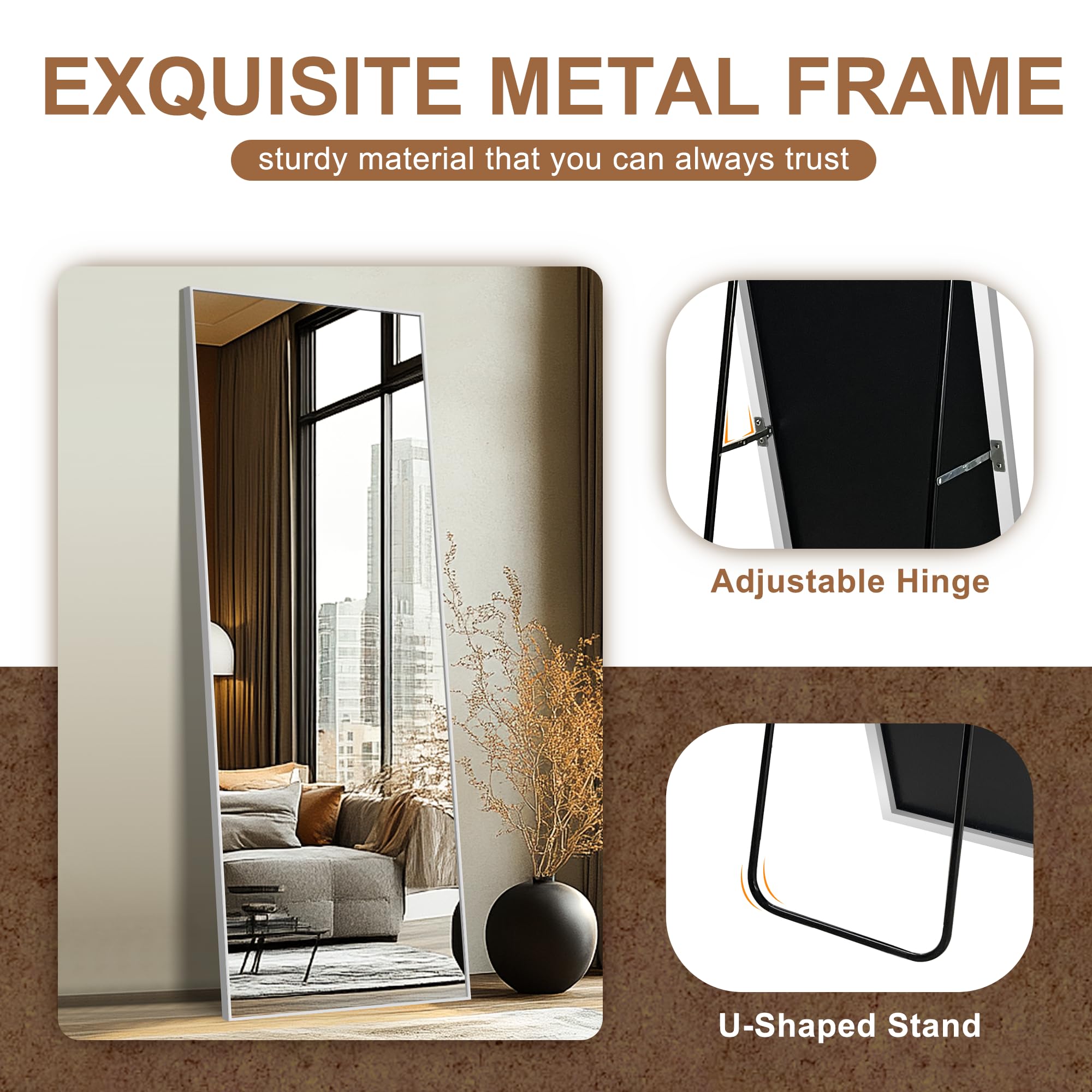 Delma Wall Full Length Mirror,Standing Mirror Full Body,Large Floor for Wall Door Bedroom Bathroom Living Room with Aluminium Frame(with Stand,56x15-Black) Dormly