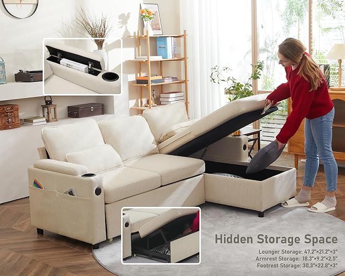 DURASPACE Sofa Bed Sleeper Pull Out 2 in 1 Sectional Sleeper Sofa Couches with Storage,USB, Cup Holder,Pullout Sectional Couches for Apartment Living Room (Beige)