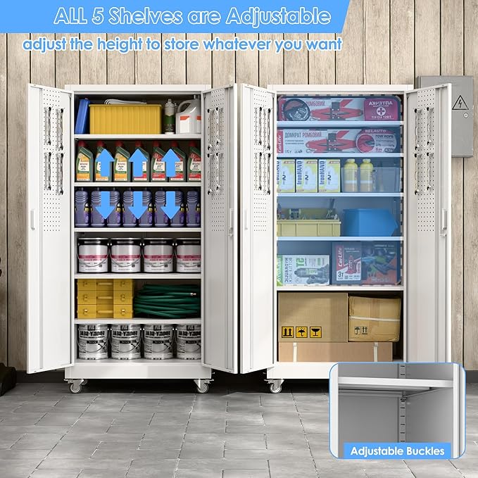 SUXXAN Metal Garage Storage Cabinet with Wheels and Pegboard 71'' x 34'' x 18'', Lockable Rolling Steel Cabinet with 5 Adjustable Shelves and Door for Garage, Office, Kitchen, Assembly Required