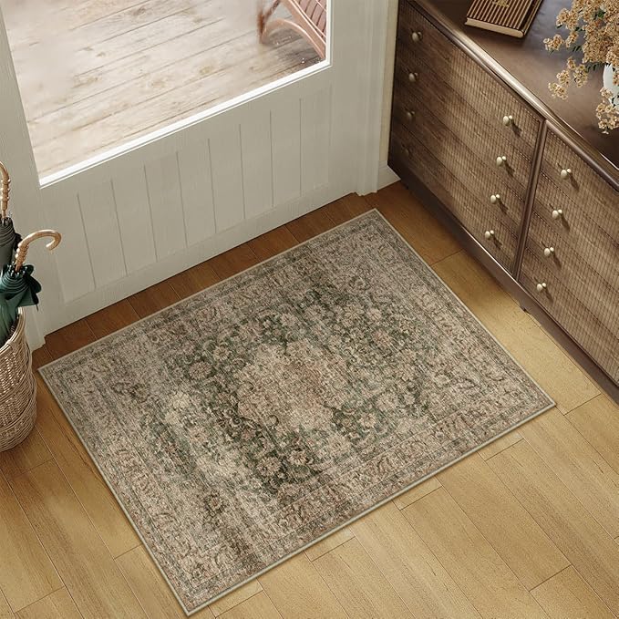 2x3 Washable Vintage Area Rug Green Brown Entryway Kitchen Carpet Non-Slip Soft Low Pile Distressed Indoor Small Throw Rug for Bedroom Bathroom Entrance