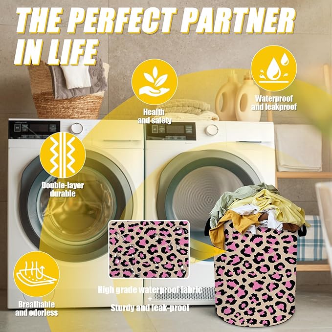 Brown Pink Leopard Laundry Basket,Foldable Oxford Cloth Funny Tote Bag Laundry Hamper Clothes Storage Bucket Toy Organizer For Bathroom Laundry Storage Bedroom 18.9x16.5