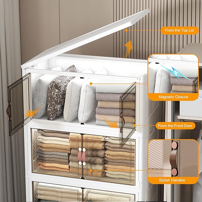 Extra Large Stackable Storage Bins with Lids & Wheels & Door, 672QT-112QT/28GAL*6Pack Foldable Collapsible Closet Organizers, Plastic containers drawers for bedroom Dorm