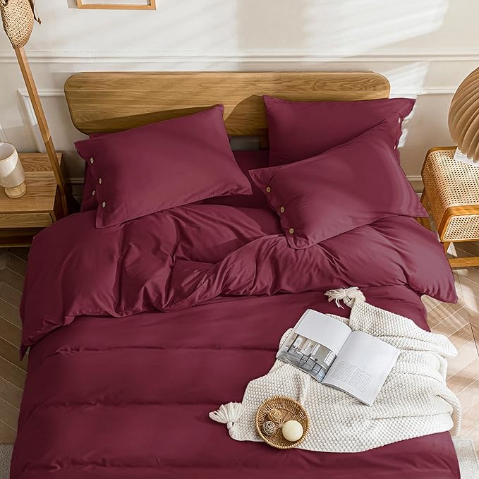 JELLYMONI Cotton Duvet Cover Twin Size - Burgundy Comforter Cover with Button 100% Washed Cotton 2PCS Breathable Soft Solid Bedding Set Duvet Cover 68×90in & 1 Pillowcase (NO Comforter)