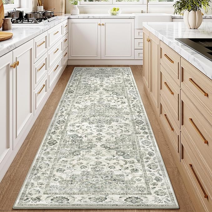 2x6 Washable Neutral Runner Rug Green Vintage Hallway Kitchen Carpet Non-Slip Soft Low Pile Floral Throw Rug for Bedroom Bathroom Laundry Living Room