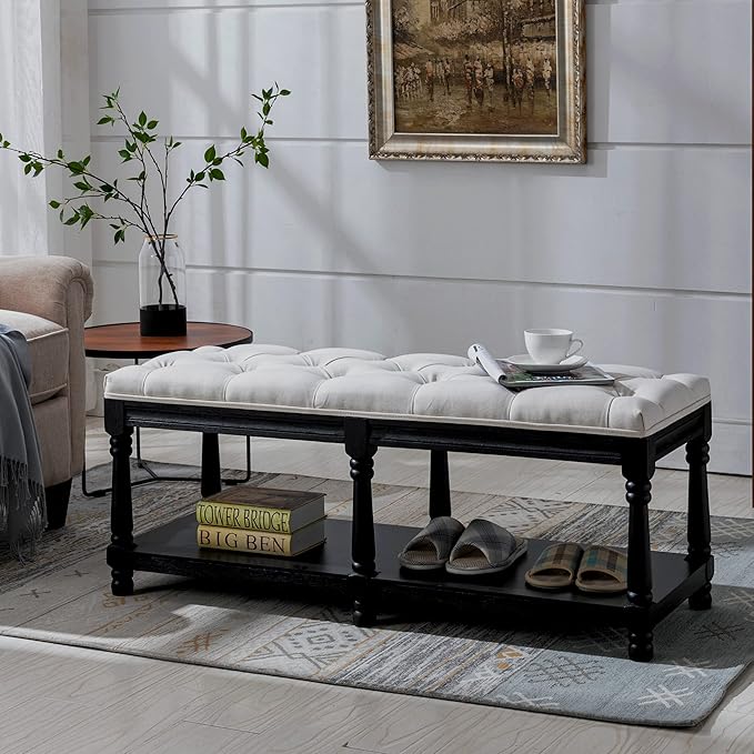 Chairus Storage Bench 45.5 "W Extra-Long Button Tufted Entryway Bench with Wood Shoes Rack End of Bed Bench with Fabric Linen Upholstered Rectangular Seat for Bedroom Hallway Living Room Window, Beige