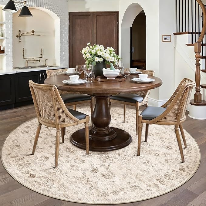 8x8 Washable Neutral Round Rug Beige Vintage Living Room Bedroom Circle Rug Non-Slip Soft Low Pile Floral Indoor Carpet for Kitchen Dining Room Office