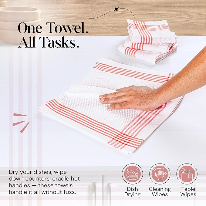 Red and White Waffle Weave Kitchen Towels 5 Pack, 16x26 Inch, Cotton Dish Towels with Hanging Loop, Quick Dry, Absorbent, Machine Washable, Durable for Kitchen & Cleaning