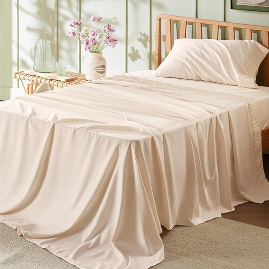 Bedsure Twin Sheets Set - 3 Pieces Soft Twin Bed Sheets - Breathable & Cooling - Hotel Luxury - Easy Care Polyester Microfiber Bedding for Women, Men, Light Beige