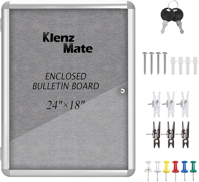 24"x18" Enclosed Cork Bulletin Board Tamper-Proof Dispaly Case,Grey Fabric&Aluminium Frame,Shatter Resistant Lockable Bulletin Board with Clear Acrylic Door for School,Office,Mall,Community,Hospital