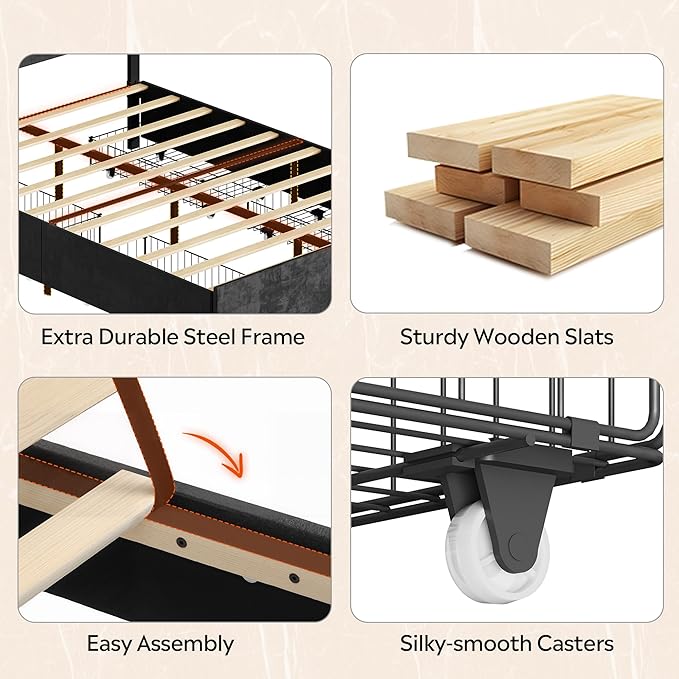 WLIVE Queen Size Upholstered Bed Frame with 4 Storage Drawers and Headboard, Velvet Platform Bedframe, Sturdy Metal & Wooden Slats Support, No Box Spring Needed, Easy Assembly, Black