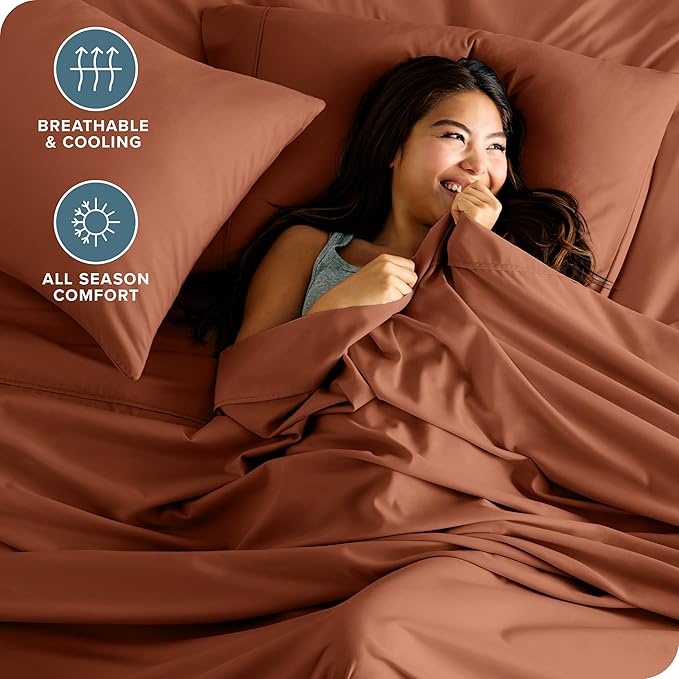 Bare Home Twin XL Sheet Set - 1800 Ultra-Soft Microfiber Twin Extra Long Sheets - Double Brushed - Deep Pockets - Easy Fit - Extra Soft - 3 Piece Set - Bed Sheets & Pillowcases (Twin XL, Terracotta) BareHome