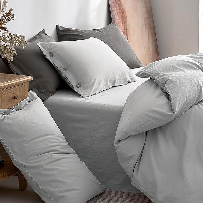 JELLYMONI 100% Washed Cotton Duvet Cover Full – Soft, Breathable Linen-Look Bedding with Natural Wrinkle Texture, Button Closure, 3-Piece Set (Pale Grey, 80"x90")