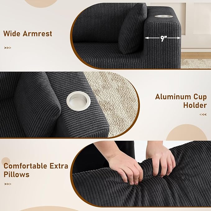Furnimart 112" Oversized 3 Seater Sleeper Couch, Sectional Sofa Bed Boneless Cloud Couches for Living Room, Modern Deep Seat Modular Sofa, No Assembly Corduroy Black