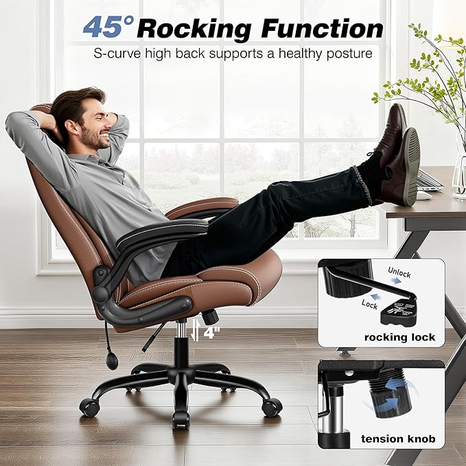 Ergonomic Office Chair - Home Desk Computer Chair, Leather High Back Executive Chairs with Adjustable Lumbar Support & Flip-up Arms, Rocking Swivel Comfy, Brown