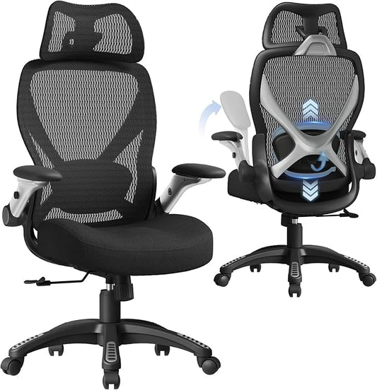 ELABEST X100 Ergonomic Mesh Office Chair, Big and Tall Hone Desk Chair with 5D Flip-Up Arms, Adjustable 3D Lumbar Support,Gaming & Executive Computer Chairs for Long Hours, Padded Seat
