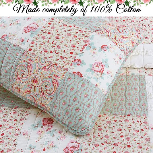 Cozy Line Home Fashions 100% Cotton Real Patchwork Floral Coral Pink Ruffled Shabby Chic Girly Reversible Quilt Bedding Set, Coverlet Bedspread (Sweet Roses, King - 3 Piece)