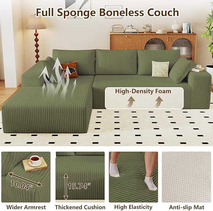 96" Modular Sectional Couch, Boneless L Shaped Cloud Sofa with Chaise Lounge, Corduroy Upholstered Couches Memory Foam Deep Seat, No Assembly Required, Ideal for Living Room(Green, Left Facing)
