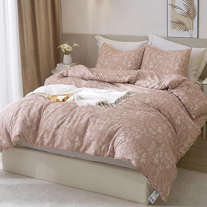 HighBuy Vintage Style Floral Duvet Cover Queen 3 Piece Girls Mauve Botanical Bedding Set 100% Cotton Cottagecore Comforter Cover Garden Style with Zipper Aesthetic Duvet Cover Set Queen,Mauve Brown