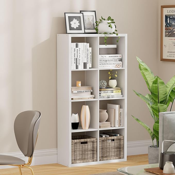 8 Cube Storage Organizer, Cube Shelf with Heavy-Duty Thick Boards, 25.12" L x 9.37" W x 48.74" H, Smooth Easy-Clean Panels, Simple Assembly, for Living Room Bedroom Office, White