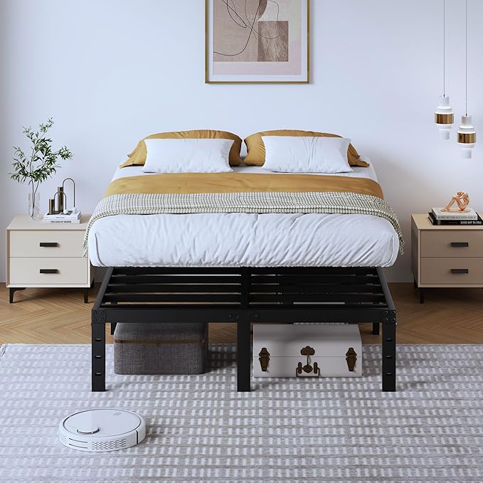 Queen Metal Bed Frame - 14 Inch Tall Heavy Duty Bedframe Black Basic Steel Slats Platform No Box Spring Needed/Easy Assembly/Noise Free