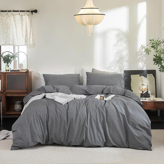 FOSSA Duvet Cover Set 100% Washed Cotton Linen Feel Super Soft Breathable Cozy 3 Pieces Bedding Sets Solid Dark Grey Full/Double