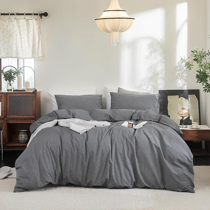 FOSSA Duvet Cover Set 100% Washed Cotton Linen Feel Super Soft Breathable Cozy 3 Pieces Bedding Sets Solid Dark Grey Full/Double