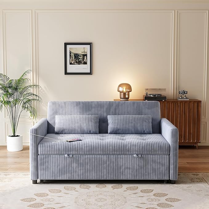 Sofa Bed, Loveseat 3-in-1 Sleeper Sofa with Pull Out Bed and USB, Modern Corduroy 2 Seater Convertible Small Couch for Living Room Bedroom Apartment, Gray
