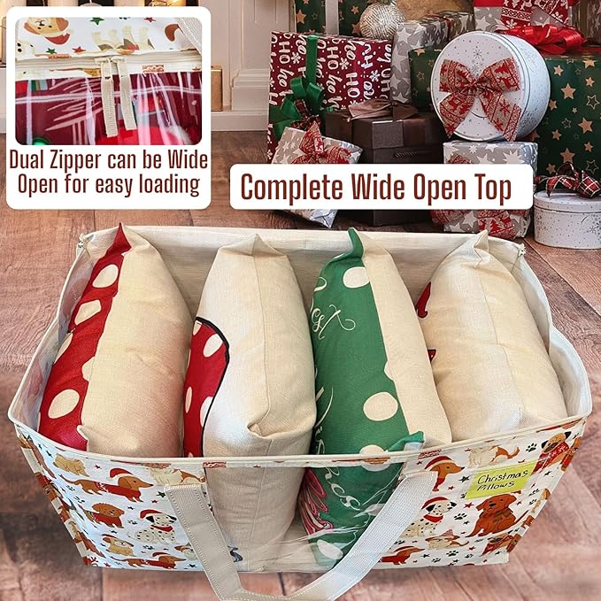 VENO 4 Pack Moving Bags, Large Christmas Storage Bins with lids, Packing Supplies for College, Alternative to Moving Boxes, Foldable, Heavy-Duty Tote, Christmas Pattern (Holiday Pups, 4 Pack)