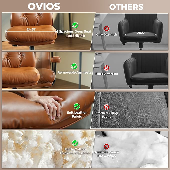 ovios Ergonomic Office Chair, High Back Faux Leather Executive Chairs with Thick Cushion, Comfy High-Century Modern Swivel Rolling Computer Armchair (Brown, PU Leather)