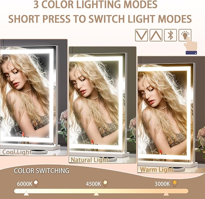 Hasipu Vanity Mirror with Lights and Bluetooth Speaker, 37" x 25.6" LED Makeup Mirror, Lighted Makeup Mirror with Dimmable 3 Modes, Touch Screen Control Vanity Mirror Square White