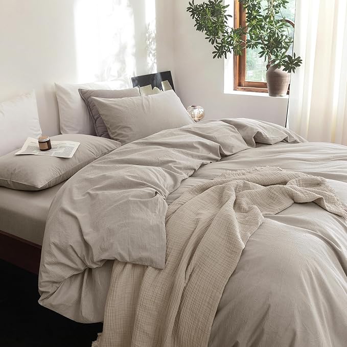 FOSSA Duvet Cover Set 100% Washed Cotton Linen Feel Super Soft Breathable Cozy 3 Pieces Bedding Sets Solid Cream Grey Super King Plus