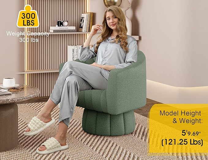 360 Degree Sherpa Swivel Cuddle Barrel Accent Sofa Chairs, Round Teddy Armchairs with Wide Upholstered, Furry Boucle Reading Chair for Living Room, Bedroom, Office, Waiting Rooms (Green)