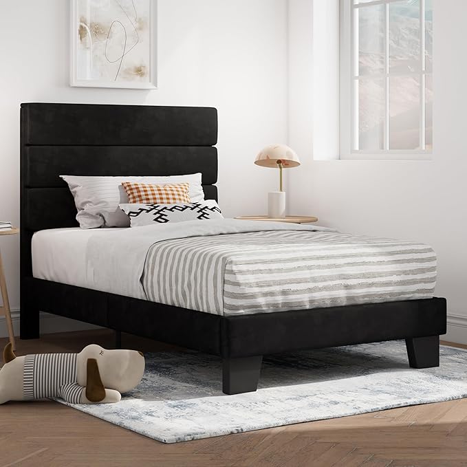 SHA CERLIN Twin Platform Bed Frame with Velvet Upholstered Headboard, Mattress Foundation with Strong Wooden Slats Support, No Box Spring Needed, Black