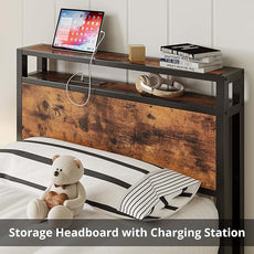 LIKIMIO Twin XL Bed Frames with Drawer, Storage Headboard with Outlets, No Box Spring Needed, Easy Assembly, Vintage Brown