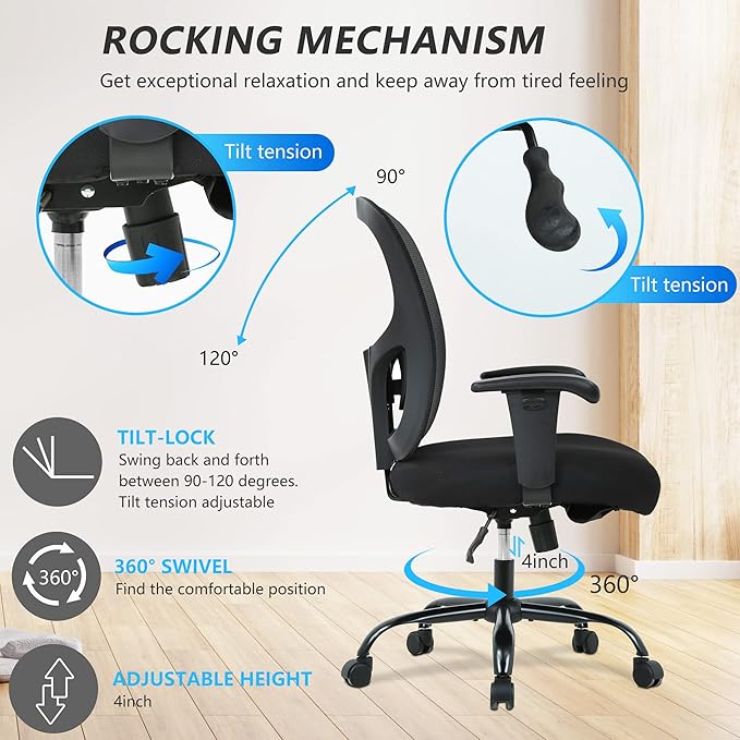 Big and Tall Office Chair 400lbs Wide Seat Desk Chair Computer Chair with Lumbar Support Adjustable Arms Task Rolling Swivel Mesh Executive High Back Ergonomic Chair for Adults Women,Black