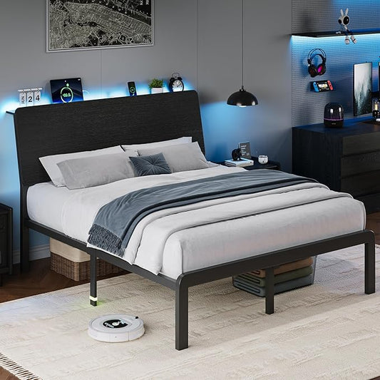 iPormis Full Size Metal Bed Frame with LED Lights & Charging Station, Platform Bed with Ergonomic Storage Headboard, Steel Slats Supports, No Box Spring Needed, Noise-Free, Easy Assembly, Black