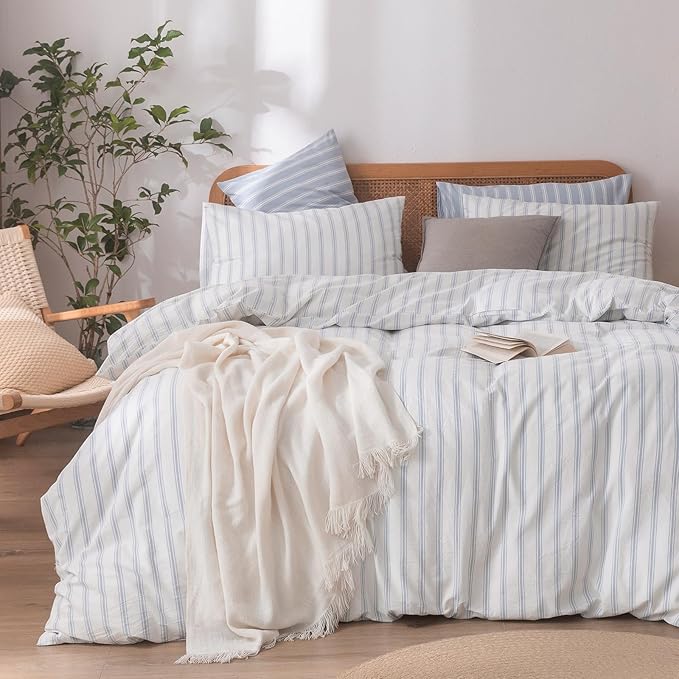 BESTOUCH Duvet Cover Set 100% Washed Cotton Linen Feel Super Soft Comfortable Chic Lightweight 3 PCs Home Bedding Set White & Cornflower Blue Stripes King
