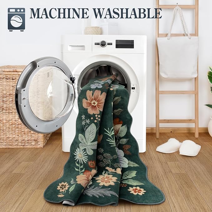 Lahome Floral Washable Rug- 4x6ft Green Bedroom Girls Ultra-Thin Soft Living Room Non-Slip Stain Resistant Boho Lightweight Throw Rug for Nursery Office, Dark Green