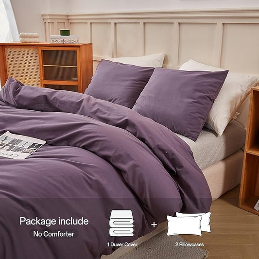ECOCOTT Purple Duvet Cover Full Size - 100% Washed Cotton Durable Soft Comfy Duvet Cover Set, 3 Pieces Duvet Cover with Zipper Closure (Purple, 80''x90'')