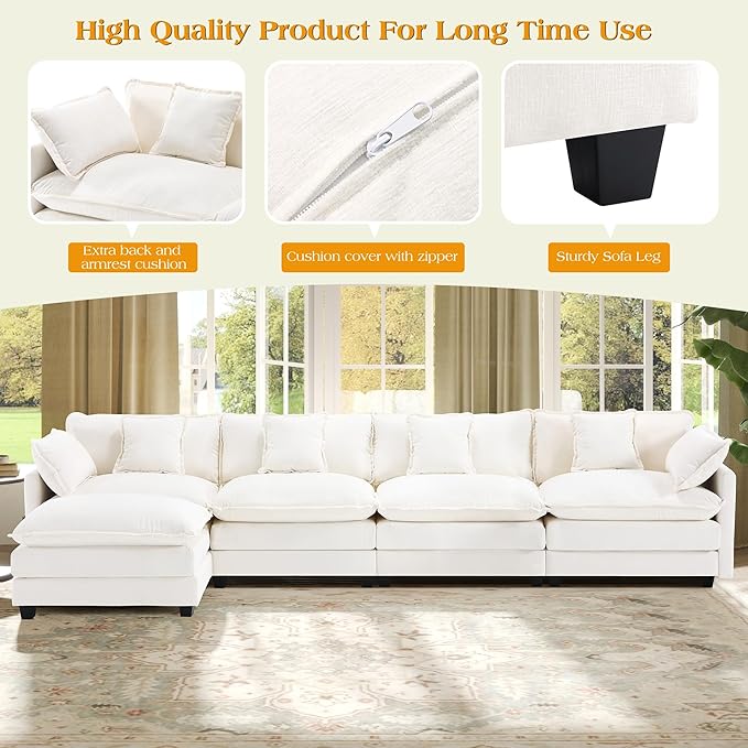 149.2" Modular Sectional Sofa,L Shaped Couch for Living Room,Modern Deep Seat Sofa 4 Seater Chenille Fabric Comfy Cloud Couches with Throw Pillows & Movable Ottoman