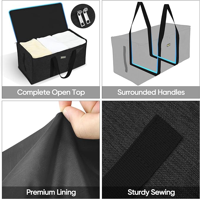 BALEINE Extra Large Storage Tote with Zippers & Carrying Handles, Heavy-Duty Oxford Fabric Moving Bags for Laundry, Space Saving, Storage, Charcoal Black, 1-Pack