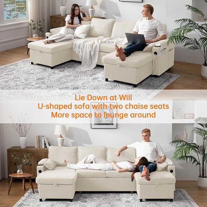 DURASPACE Sofa Bed Sleeper Sofa Pull Out Couch with Double Storage Chaise, Sectional for Living Room, U Shaped Couch with Removable Covers (Beige)