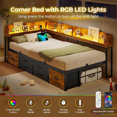 VIAGDO Corner Bed Frame with Storage Bookcase and 6 Drawers, Twin XL Metal Platform Corner Bed Frame with LED Lights and Charging Station, Twin XL Daybed for Kids Teenagers, Rustic Brown & Black