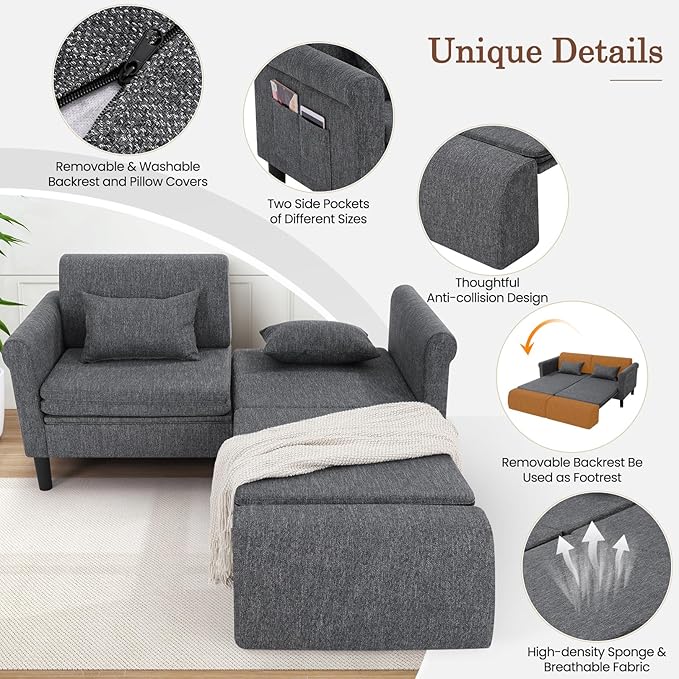 SEJOV 74" Convertible Sofa Bed, 5-in-1 Loveseat Sleeper Sofas with Pull Out Couch Bed, Storage Pockets & 2 Pillows, Modern Folding Linen Futon Couch for Living Room, Bedroom, Small Space, Dark Gray