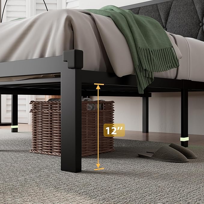 iPormis Full Size Metal Bed Frame, Linen Button Tufted Headboard Platform Bed, Heavy Duty Slats Support, 12" Under Bed Storage, No Box Spring Needed, Easy Assembly, Dark Gray