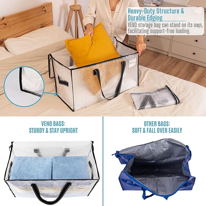 VENO 6 Pack Moving Bags, Christmas Storage Bins, Moving Boxes Alternative, Comforter and Blanket Storage Bags, College Dorm Packing Supplies, Foldable Heavy-Duty Tote (Clear, 6 Pack)