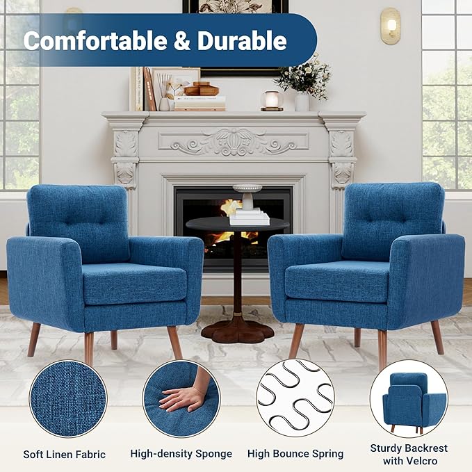 Tbfit Linen Fabric Single Sofa, Accent Chair, Mid Century Modern Armchair for Living Room, Bedroom Button Tufted Upholstered Comfy Reading Sofas, Blue