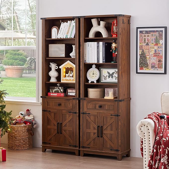 72in Tall Bookshelf 7 Tier Bookcase with Drawer and Barn Doors and Adjustable Shelves, Brown Farmhouse Book Shelf with Storage Cabinet, Wood Freestanding Display Bookshelves for Kitchen (3PCS)
