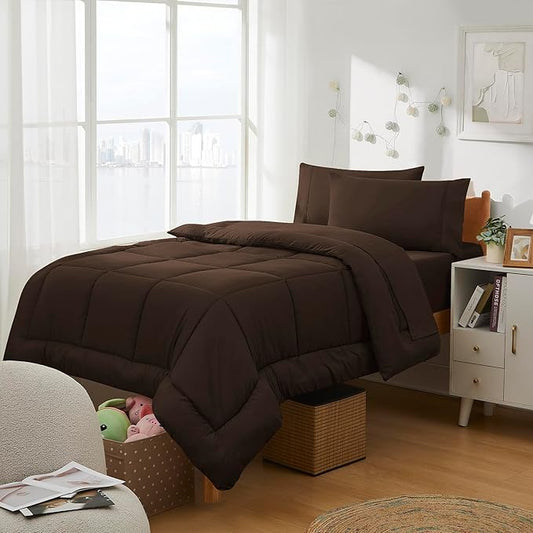 Dorm Room Essentials College Bedding Comforter Set 5 Piece Twin XL Size Bed in a Bag for College Students Boys and Girls, Twin XL, Chocolate Brown